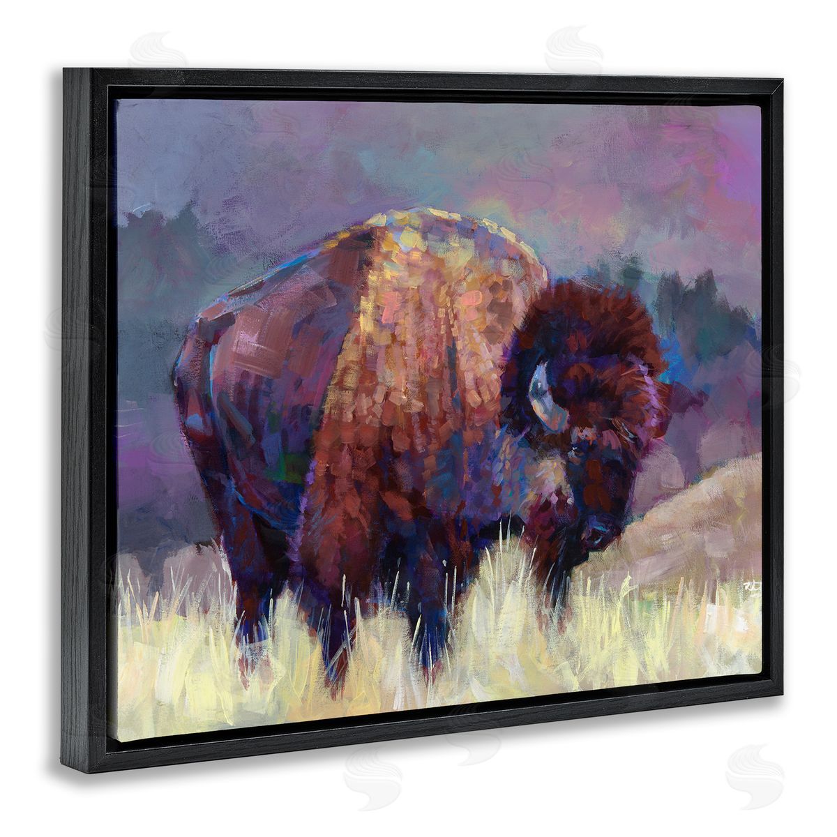 Robert Jackson Vibrant Bison Grazing Rural Meadow Purple Landscape Black Floating Frame Canvas Wall Art Print