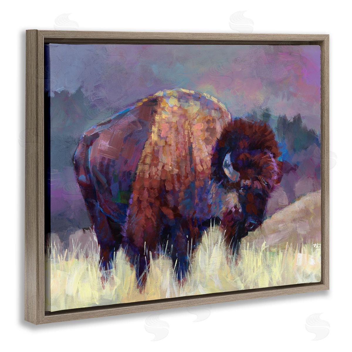 Robert Jackson Vibrant Bison Grazing Rural Meadow Purple Landscape Brown Floating Frame Canvas Wall Art Print