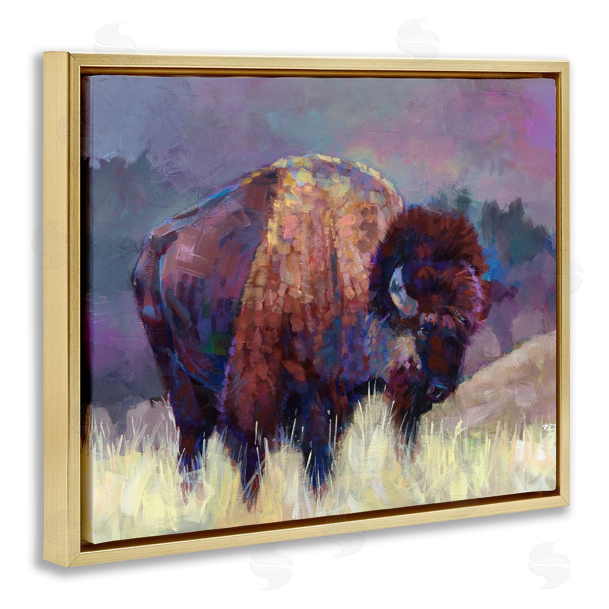 Robert Jackson Vibrant Bison Grazing Rural Meadow Purple Landscape Gold Floating Frame Canvas Wall Art Print