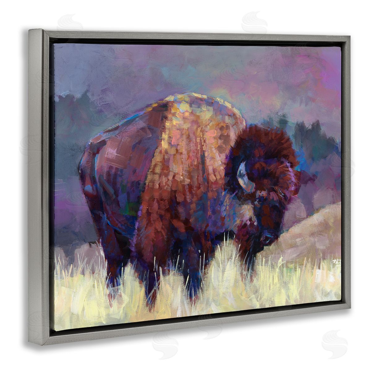 Robert Jackson Vibrant Bison Grazing Rural Meadow Purple Landscape Gray Floating Frame Canvas Wall Art Print