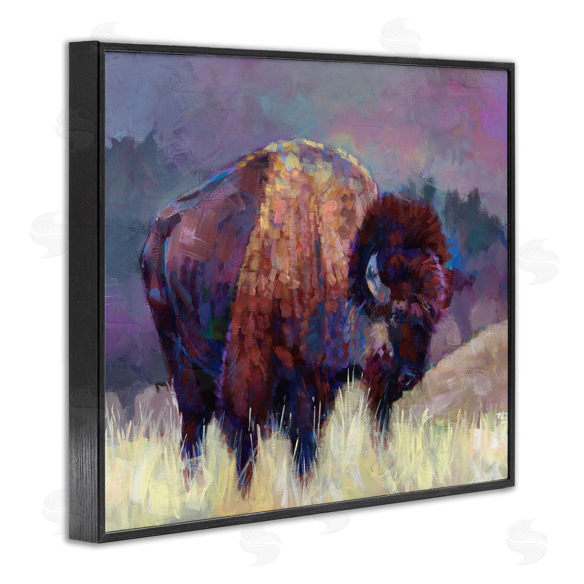 Robert Jackson Vibrant Bison Grazing Rural Meadow Purple Landscape Black Framed Giclee Wall Art Print