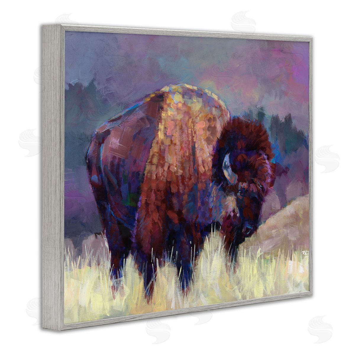 Robert Jackson Vibrant Bison Grazing Rural Meadow Purple Landscape Gray Framed Giclee Wall Art Print