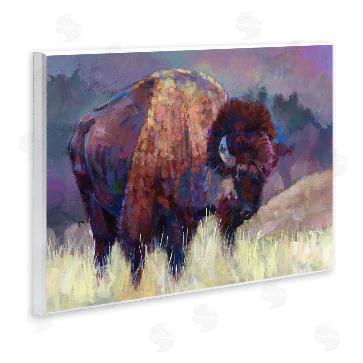 Robert Jackson Vibrant Bison Grazing Rural Meadow Purple Landscape Wall Plaque Art Print