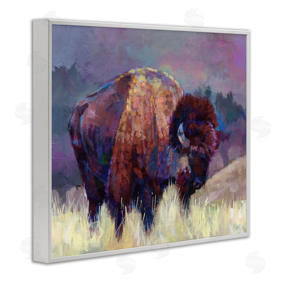 Robert Jackson Vibrant Bison Grazing Rural Meadow Purple Landscape White Framed Giclee Wall Art Print