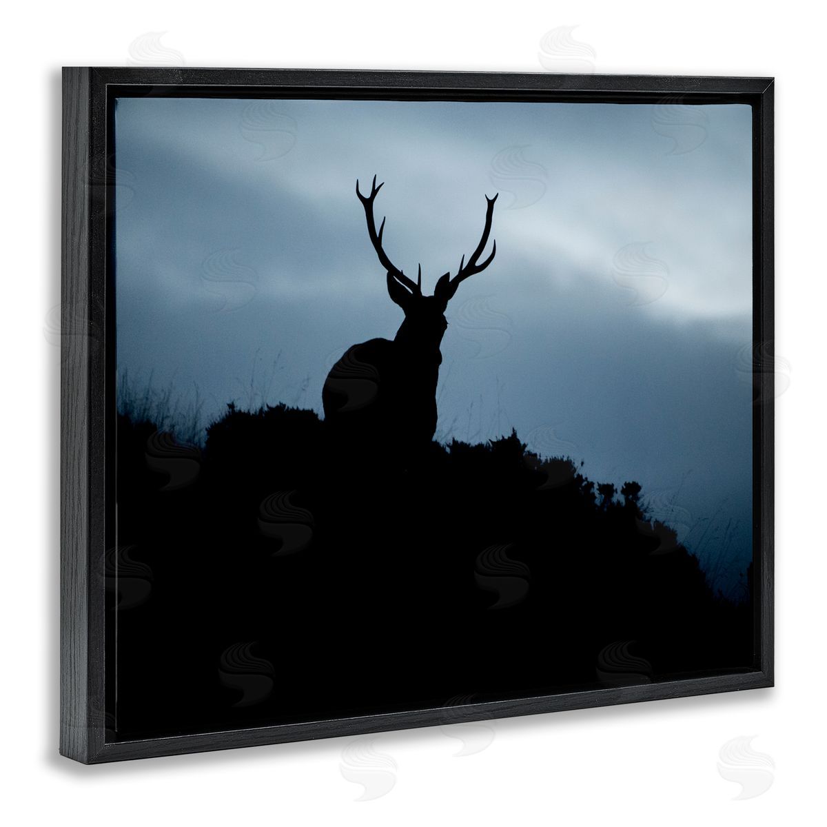 James Dobson Elk Silhouette At Dusk Deep Blue Night Sky  Black Floating Frame Canvas Wall Art Print