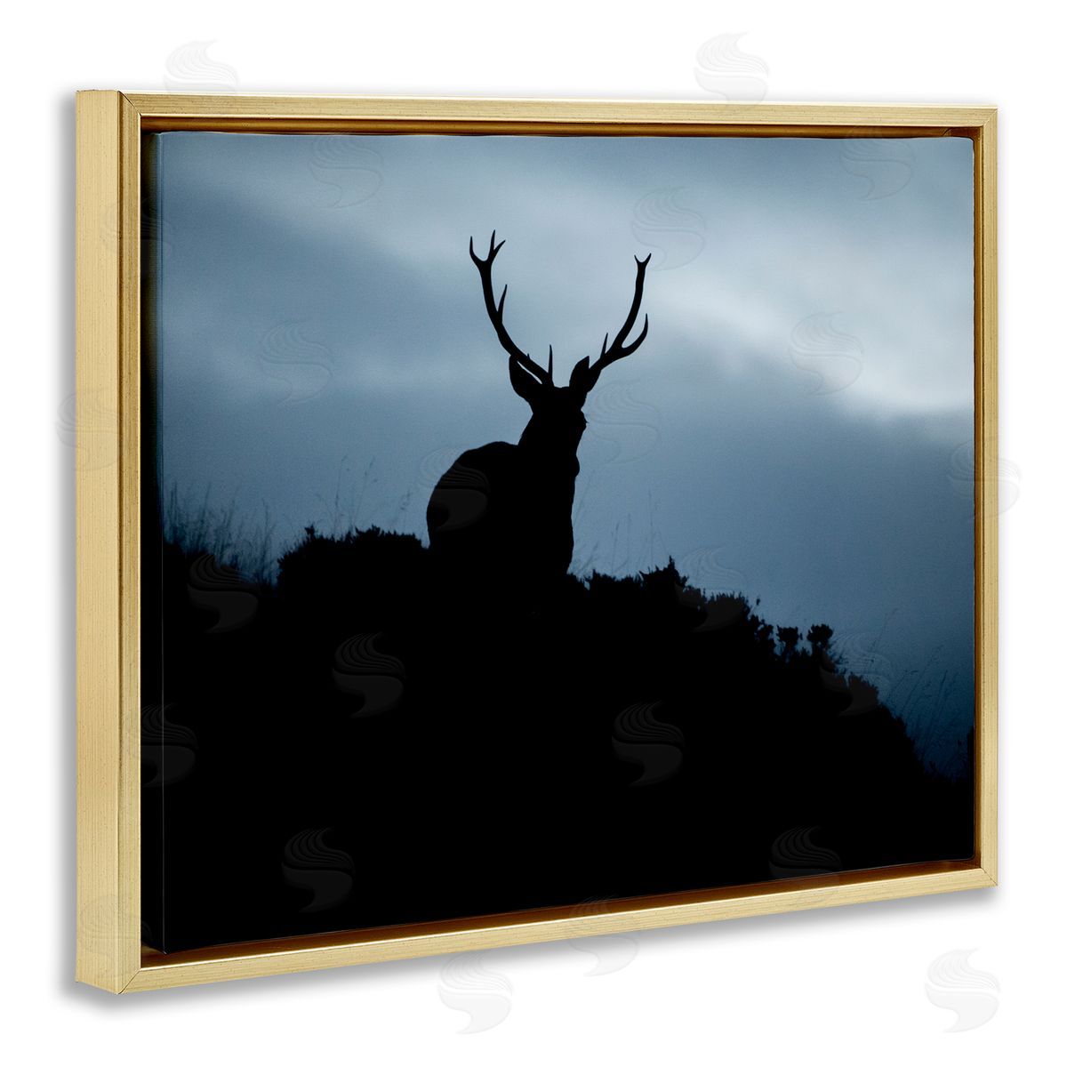 James Dobson Elk Silhouette At Dusk Deep Blue Night Sky  Gold Floating Frame Canvas Wall Art Print