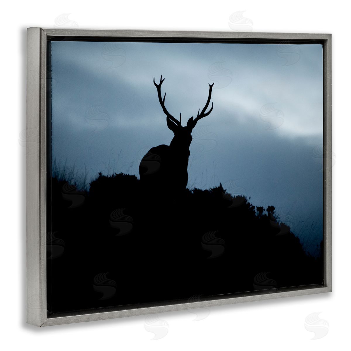 James Dobson Elk Silhouette At Dusk Deep Blue Night Sky  Gray Floating Frame Canvas Wall Art Print