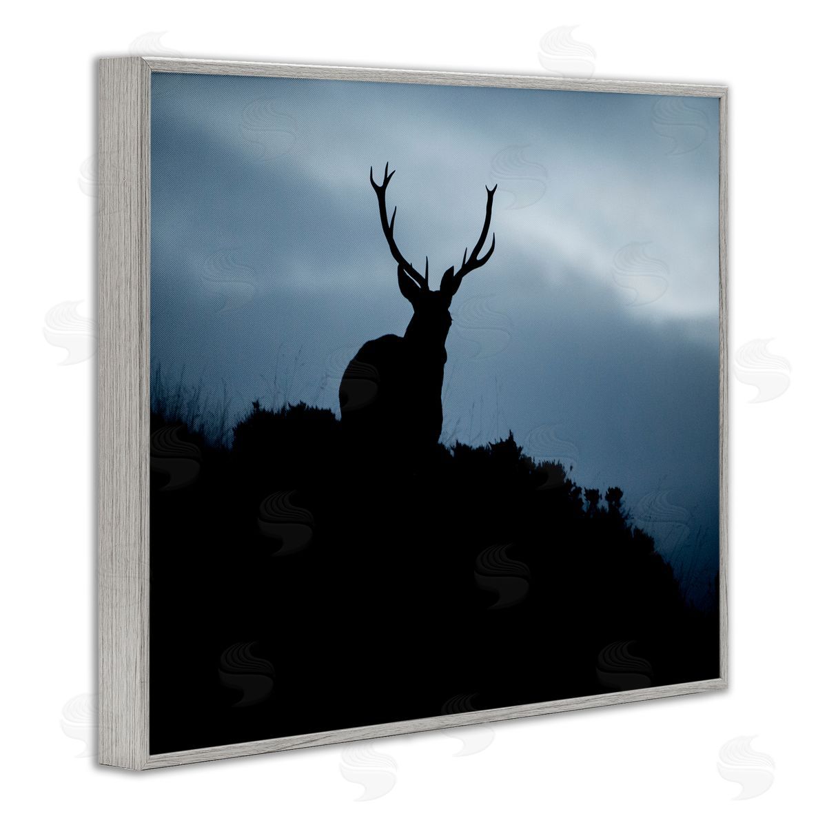 James Dobson Elk Silhouette At Dusk Deep Blue Night Sky  Gray Framed Giclee Wall Art Print
