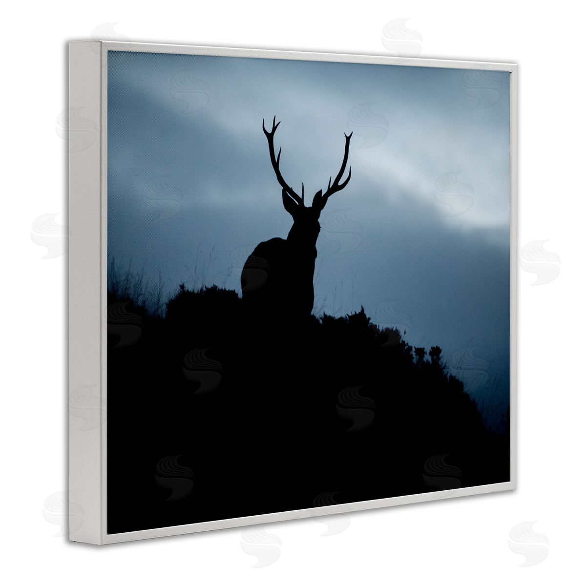 James Dobson Elk Silhouette At Dusk Deep Blue Night Sky  White Framed Giclee Wall Art Print