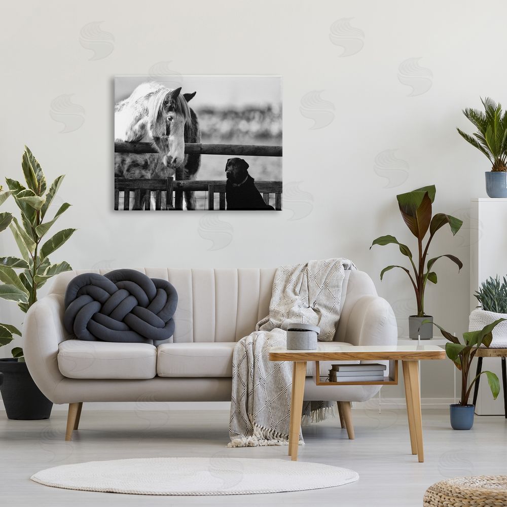 James Dobson Dog & Horse Farm Friends Monochrome Photography Canvas Wall Art Print in Room