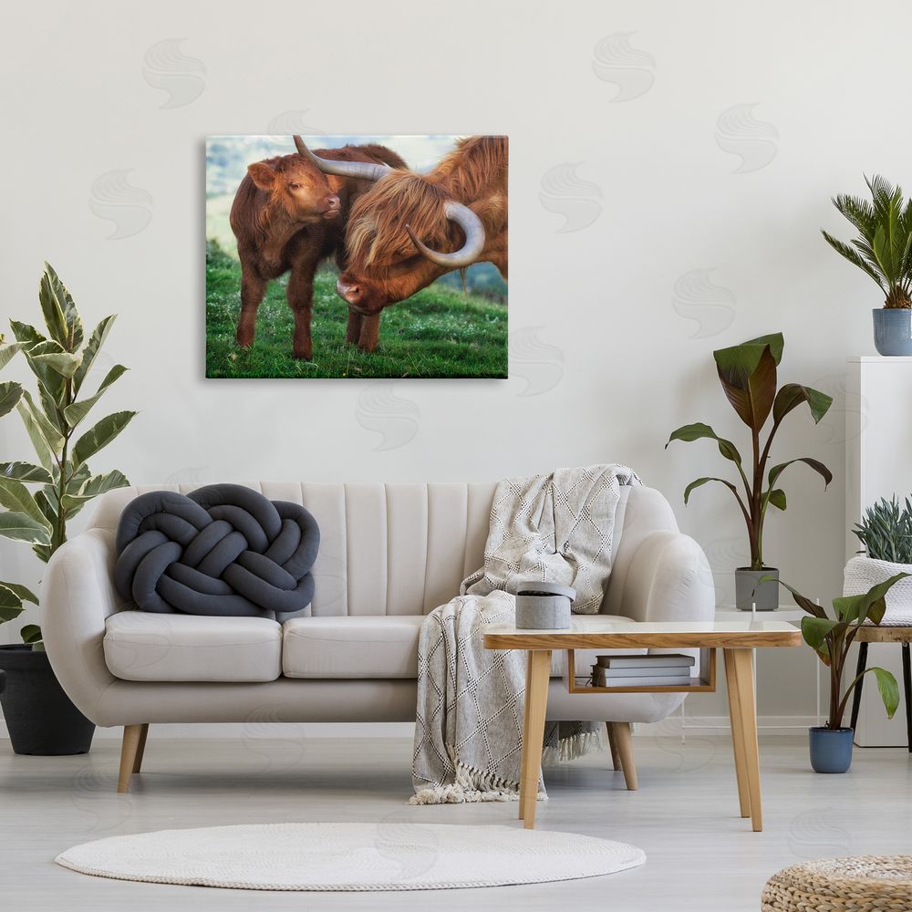 James Dobson Loving Longhorn Cattle Nuzzling Calf Heartwarming Animals Canvas Wall Art Print in Room