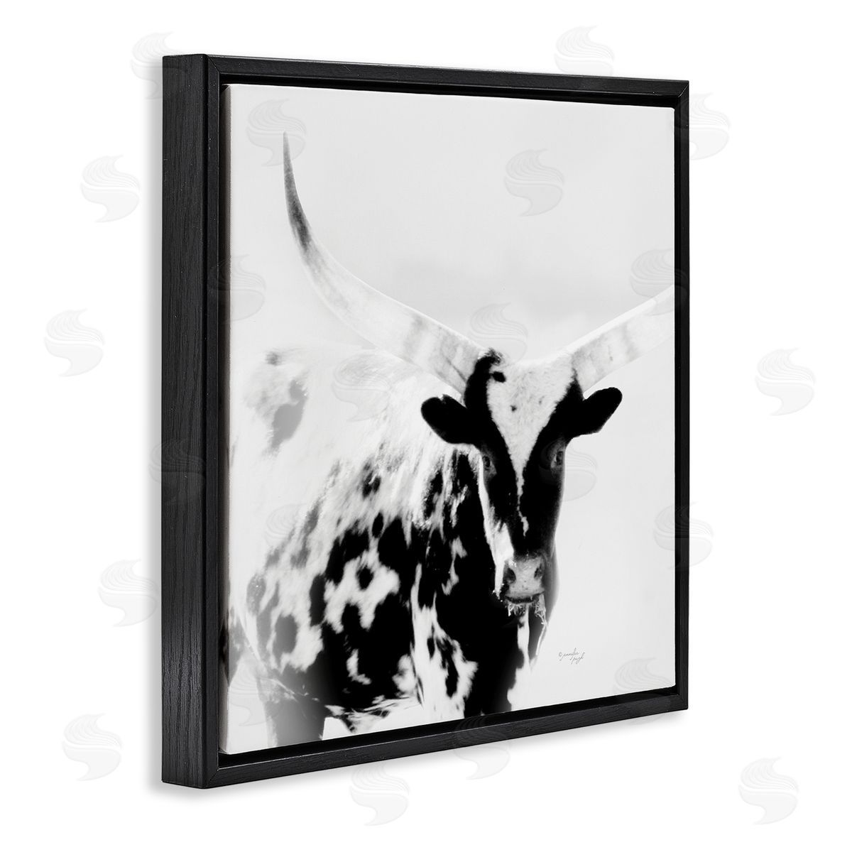 Jennifer Pugh Spotted Longhorn Cattle Meeting Gaze Animal Portrait Black Floating Frame Canvas Wall Art Print