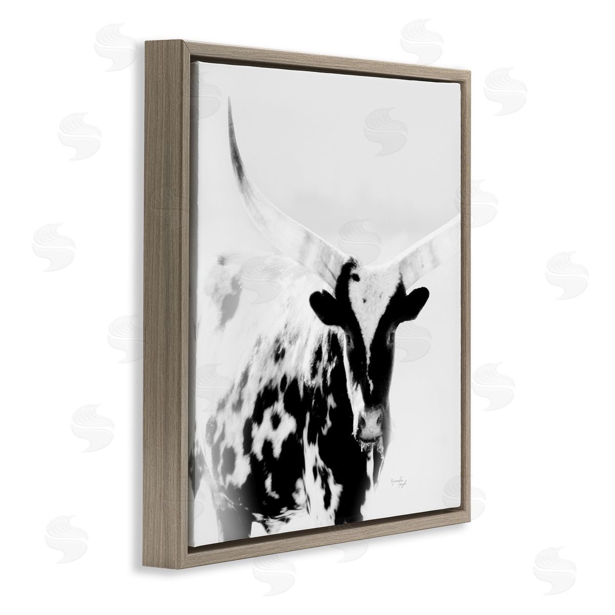 Jennifer Pugh Spotted Longhorn Cattle Meeting Gaze Animal Portrait Brown Floating Frame Canvas Wall Art Print