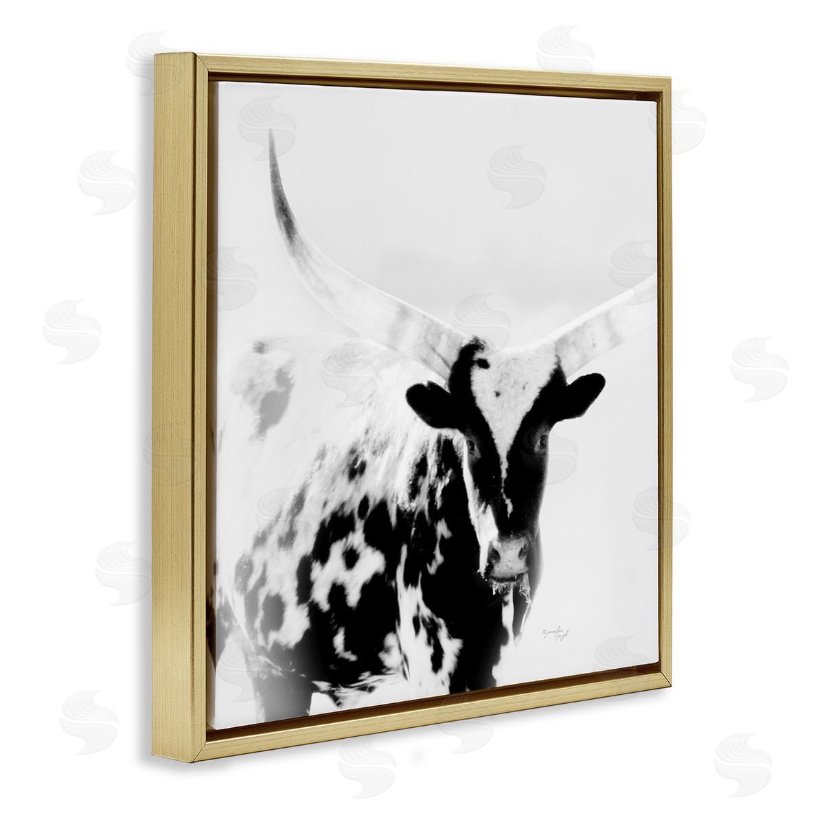Jennifer Pugh Spotted Longhorn Cattle Meeting Gaze Animal Portrait Gold Floating Frame Canvas Wall Art Print