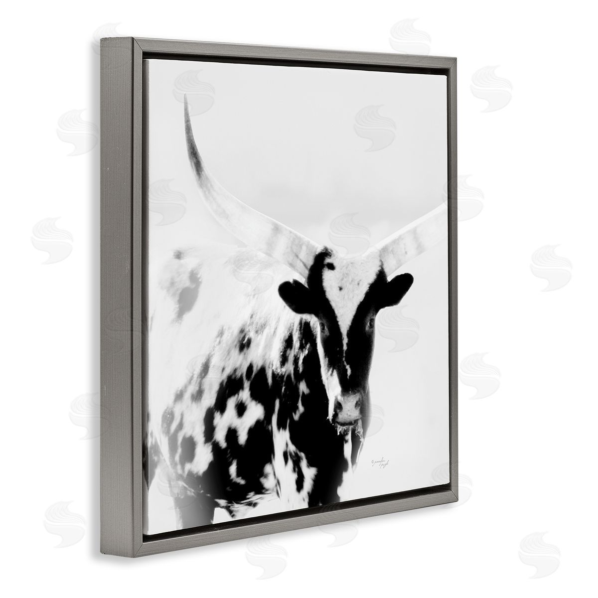 Jennifer Pugh Spotted Longhorn Cattle Meeting Gaze Animal Portrait Gray Floating Frame Canvas Wall Art Print