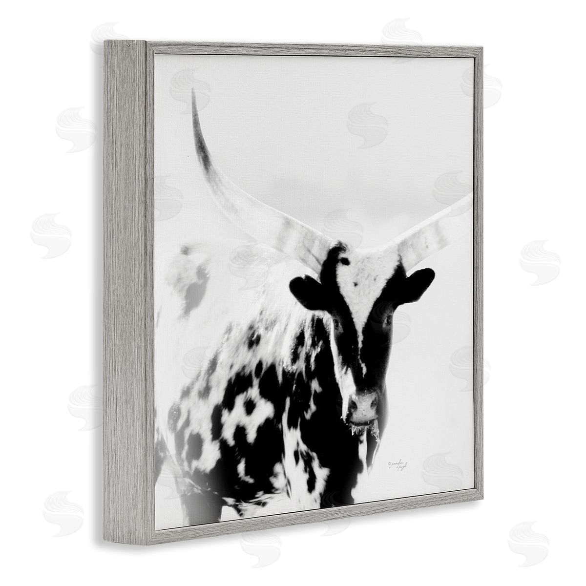Jennifer Pugh Spotted Longhorn Cattle Meeting Gaze Animal Portrait Gray Framed Glicee Wall Art Print