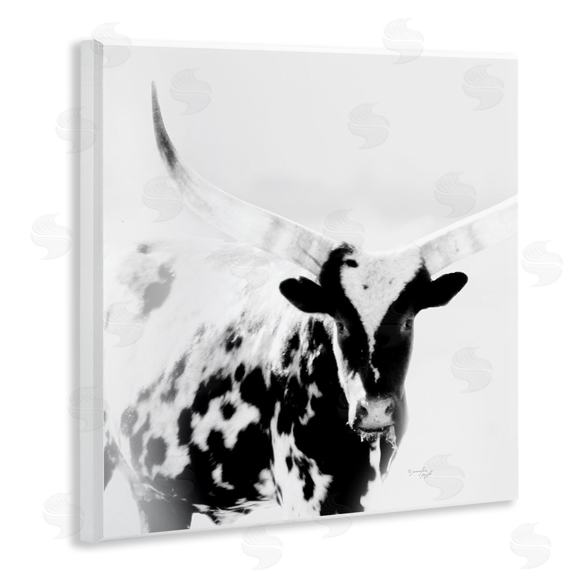 Jennifer Pugh Spotted Longhorn Cattle Meeting Gaze Animal Portrait Wooden Wall Plaque Art Print