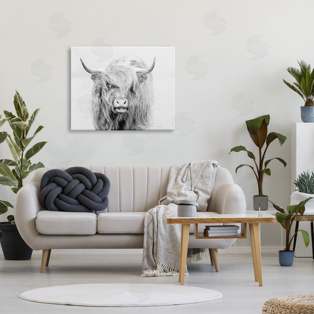 Jennifer Pugh Expressive Highland Cattle Monochrome Animal Portrait Canvas Wall Art Print in Room