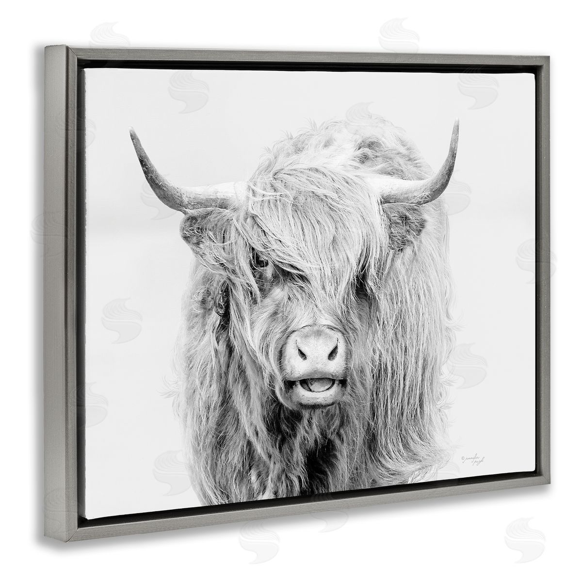 Jennifer Pugh Expressive Highland Cattle Monochrome Animal Portrait Gray Floating Frame Canvas Wall Art Print