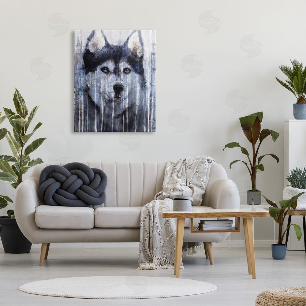 Kamdon Kreations Smiling Husky Dog Rustic Birch Tree Overlay Canvas Wall Art Print in Room