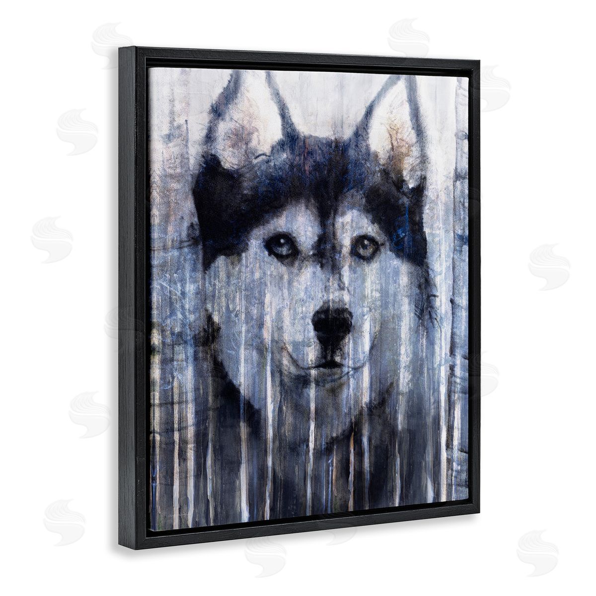 Kamdon Kreations Smiling Husky Dog Rustic Birch Tree Overlay Black Floating Frame Canvas Wall Art Print