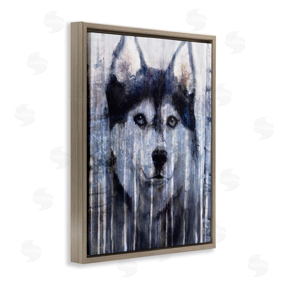 Kamdon Kreations Smiling Husky Dog Rustic Birch Tree Overlay Brown Floating Frame Canvas Wall Art Print