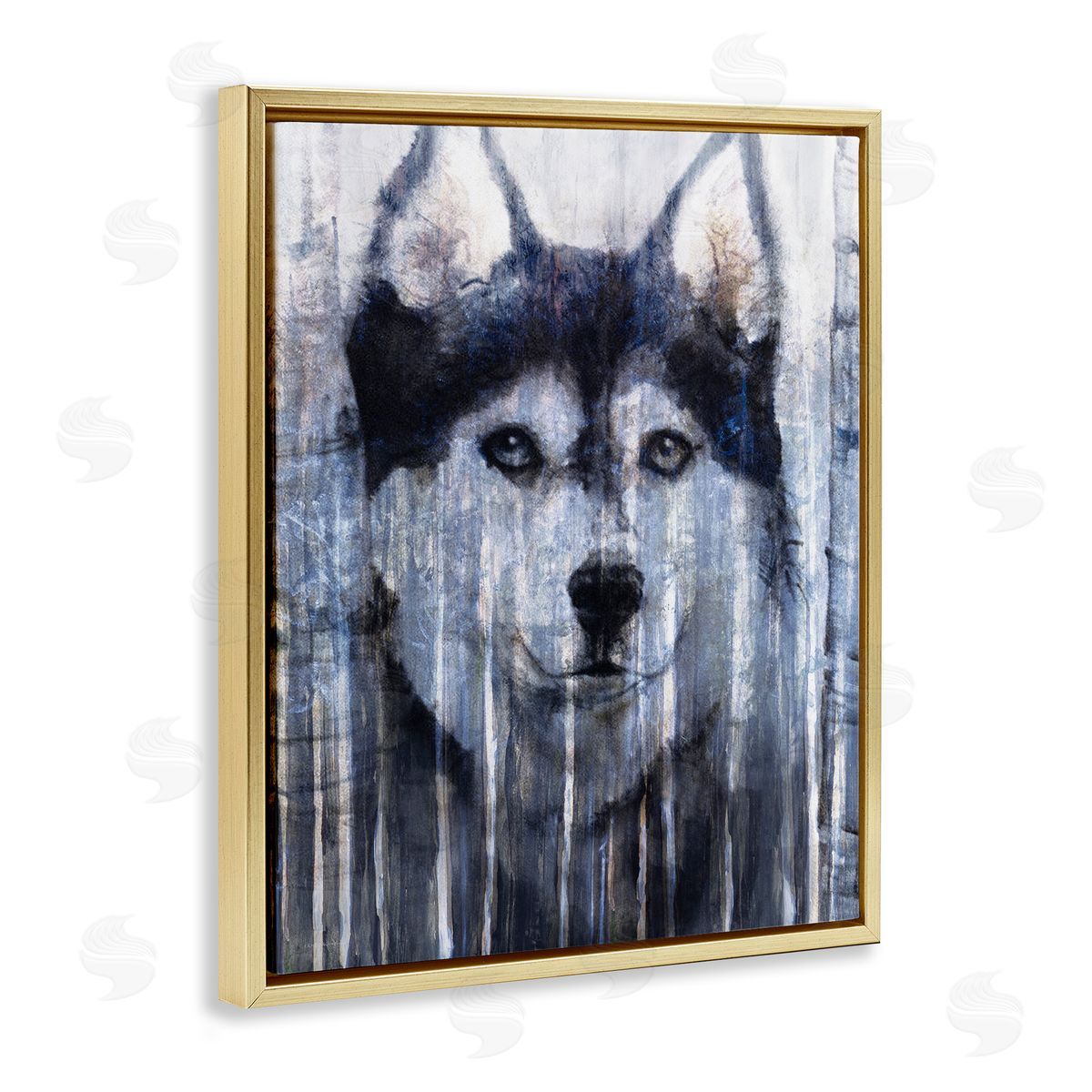 Kamdon Kreations Smiling Husky Dog Rustic Birch Tree Overlay Gold Floating Frame Canvas Wall Art Print