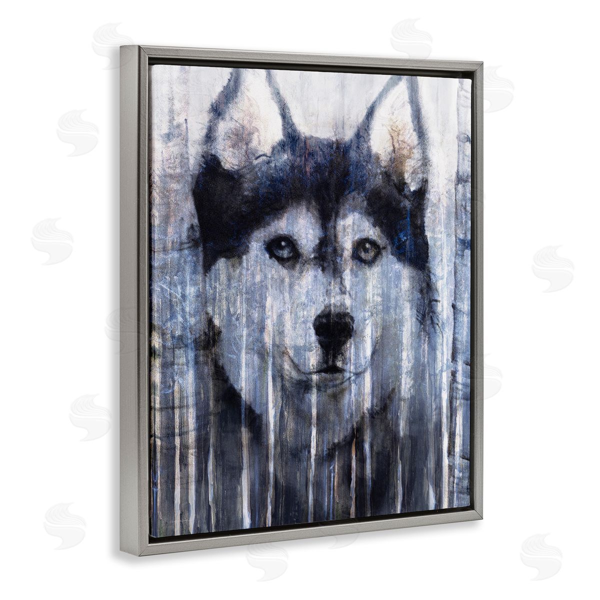 Kamdon Kreations Smiling Husky Dog Rustic Birch Tree Overlay Gray Floating Frame Canvas Wall Art Print