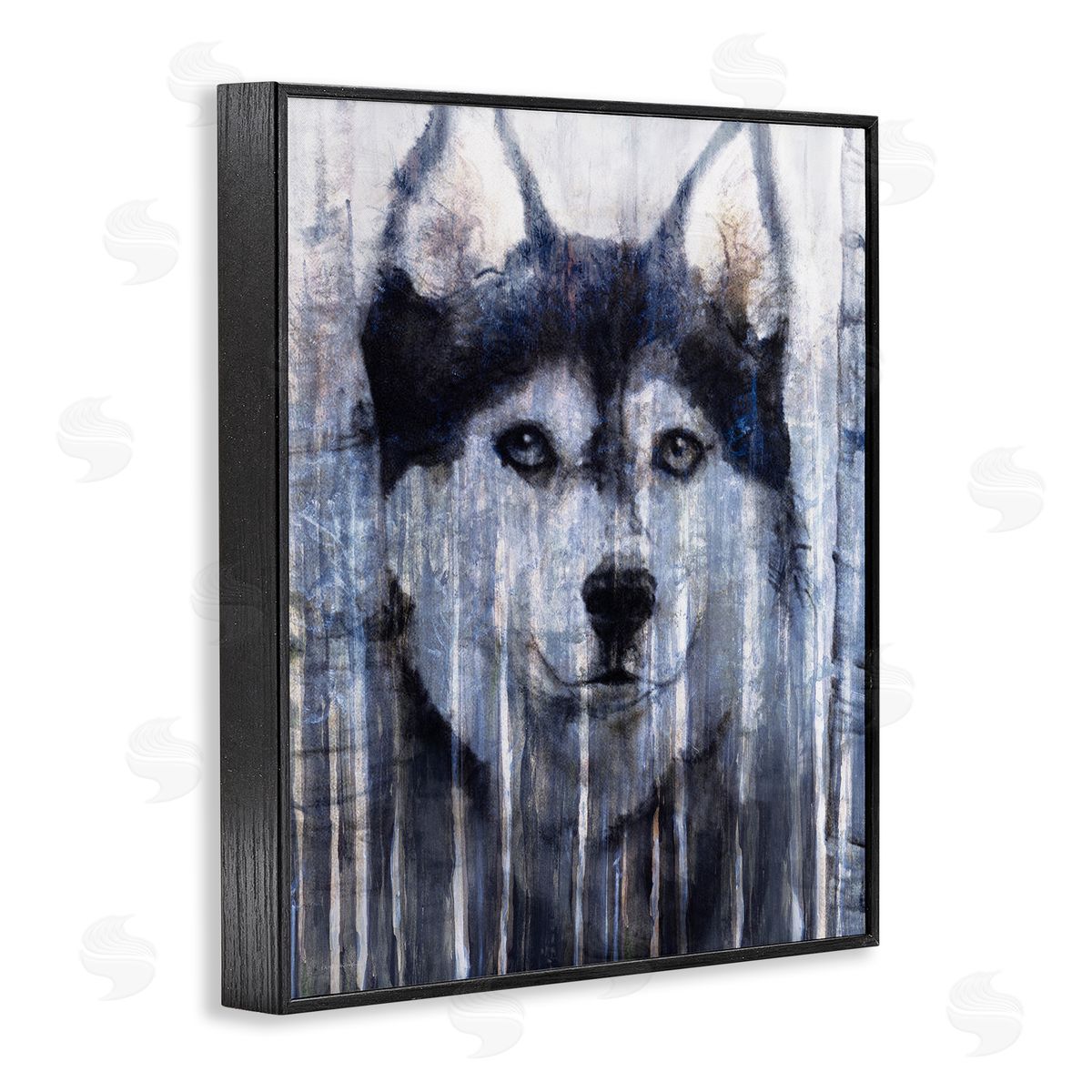 Kamdon Kreations Smiling Husky Dog Rustic Birch Tree Overlay Black Framed Giclee Wall Art Print