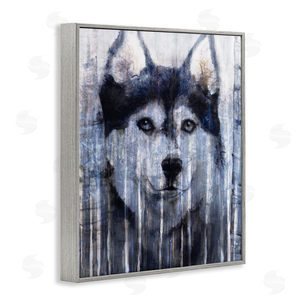 Kamdon Kreations Smiling Husky Dog Rustic Birch Tree Overlay Gray Framed Giclee Wall Art Print