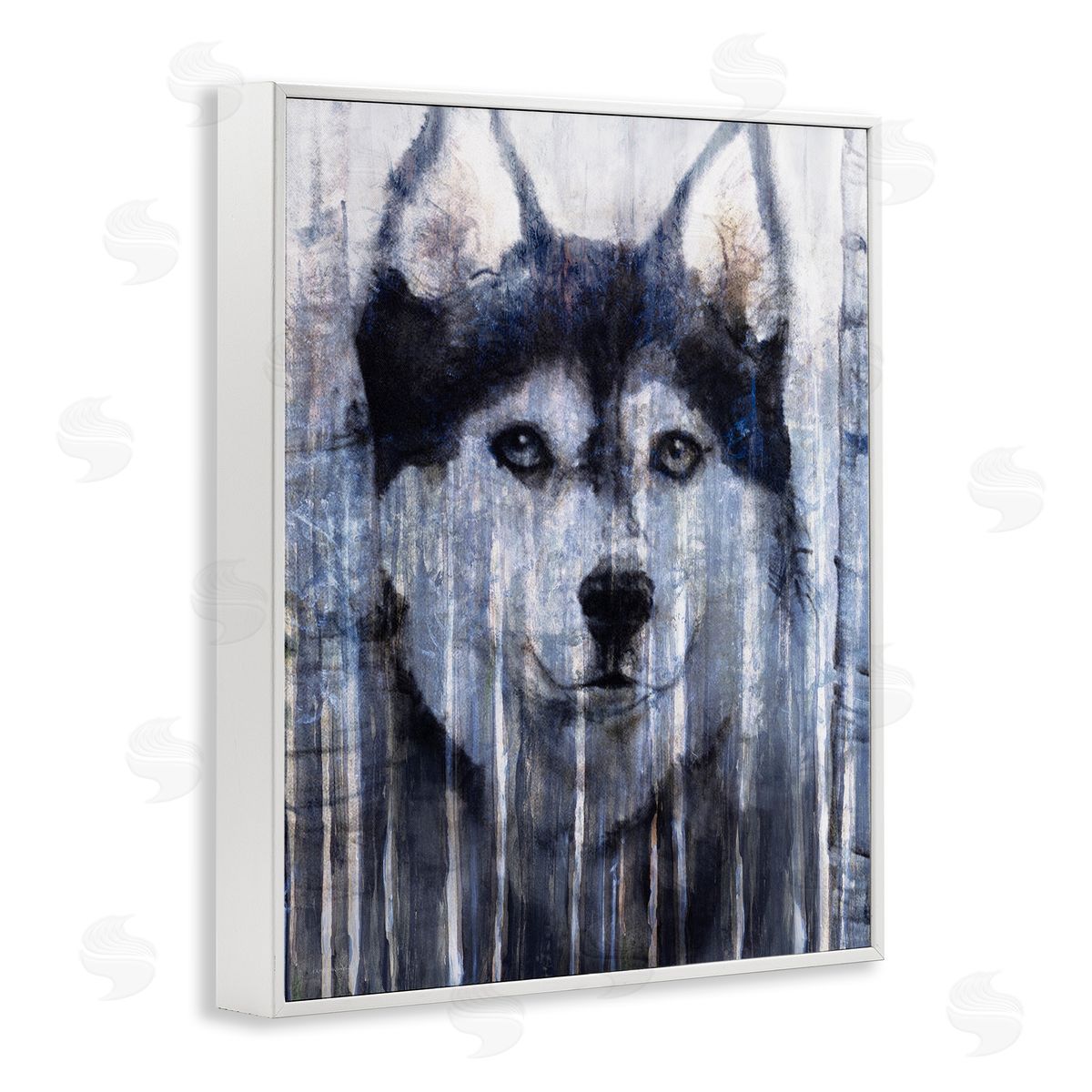 Kamdon Kreations Smiling Husky Dog Rustic Birch Tree Overlay White Framed Giclee Wall Art Print
