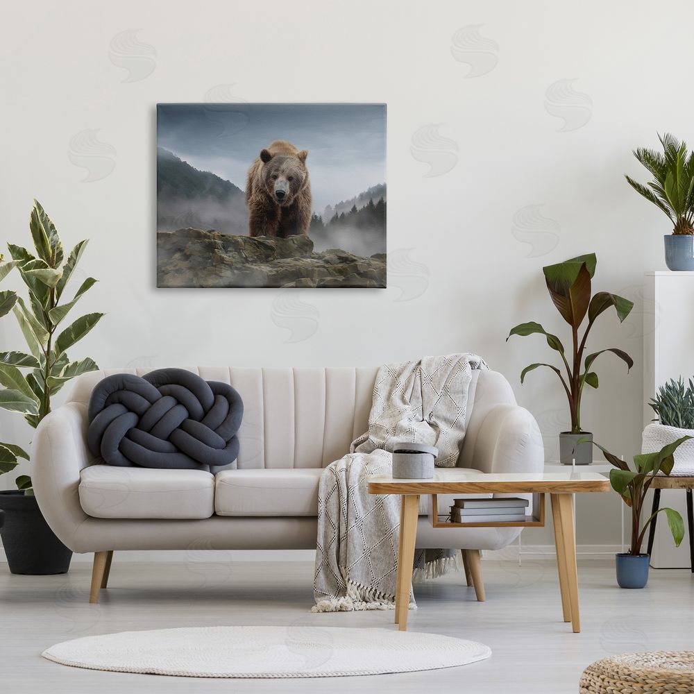 Kelley Parker Roaring Brown Grizzly Bear Rocky Mountain Top View Canvas Wall Art Print in Room