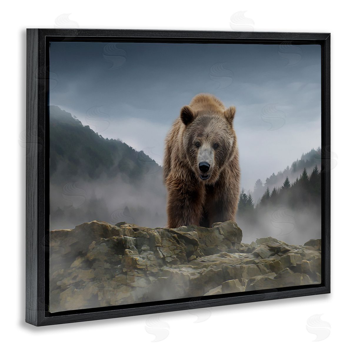 Kelley Parker Roaring Brown Grizzly Bear Rocky Mountain Top View Black Floating Frame Canvas Wall Art Print