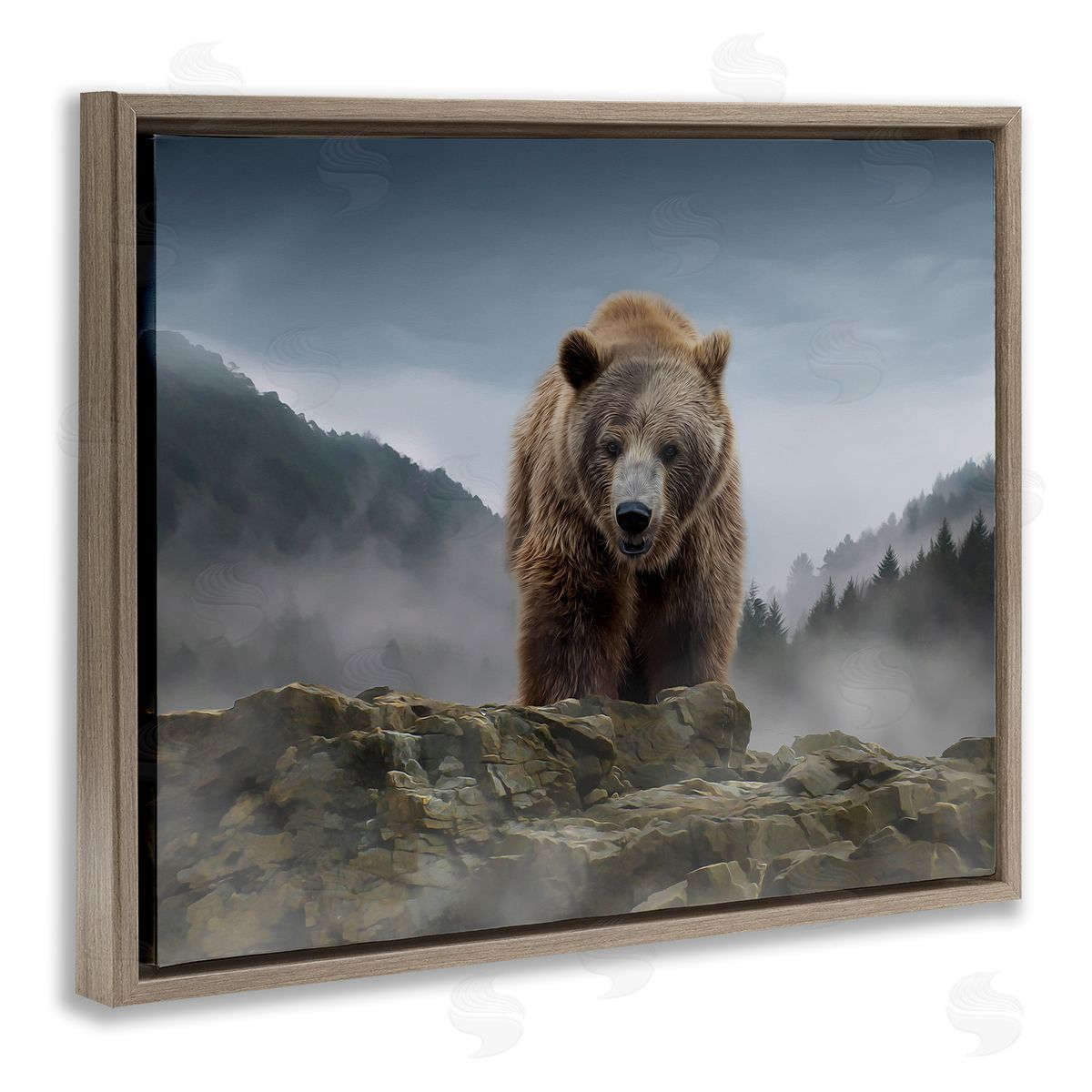 Kelley Parker Roaring Brown Grizzly Bear Rocky Mountain Top View Brown Floating Frame Canvas Wall Art Print