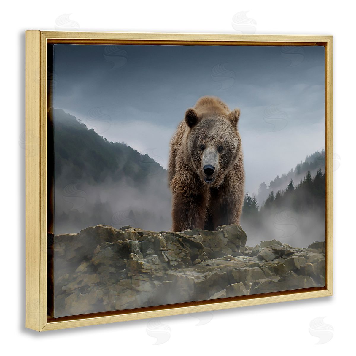 Kelley Parker Roaring Brown Grizzly Bear Rocky Mountain Top View Gold Floating Frame Canvas Wall Art Print