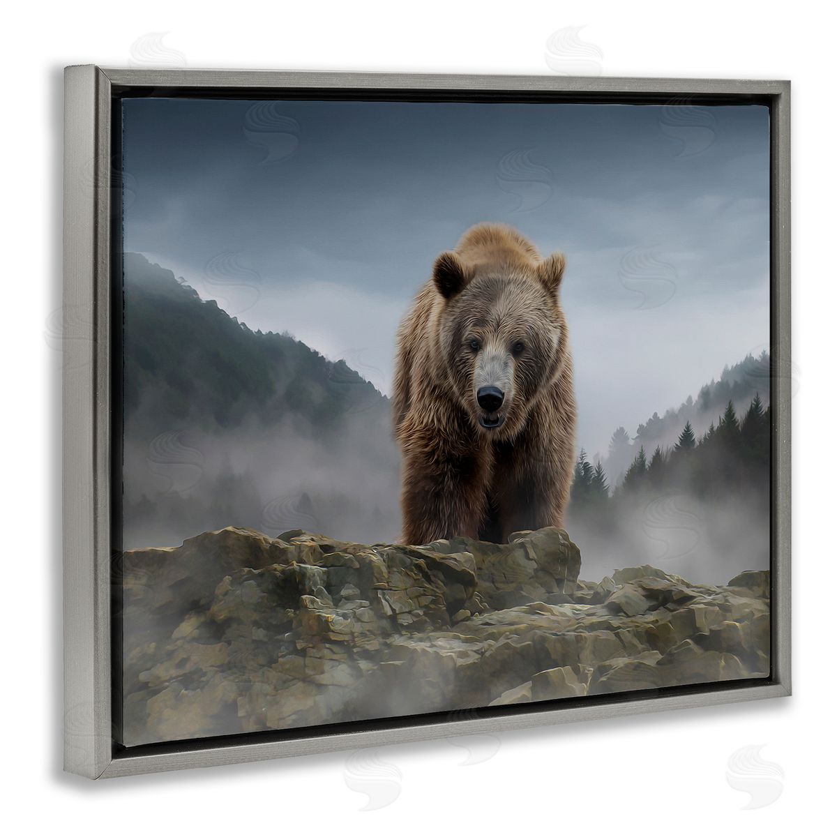 Kelley Parker Roaring Brown Grizzly Bear Rocky Mountain Top View Gray Floating Frame Canvas Wall Art Print