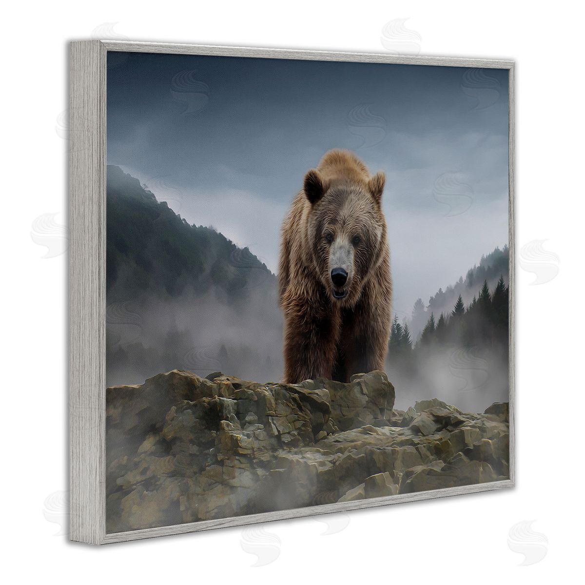 Kelley Parker Roaring Brown Grizzly Bear Rocky Mountain Top View Gray Framed Giclee Wall Art Print