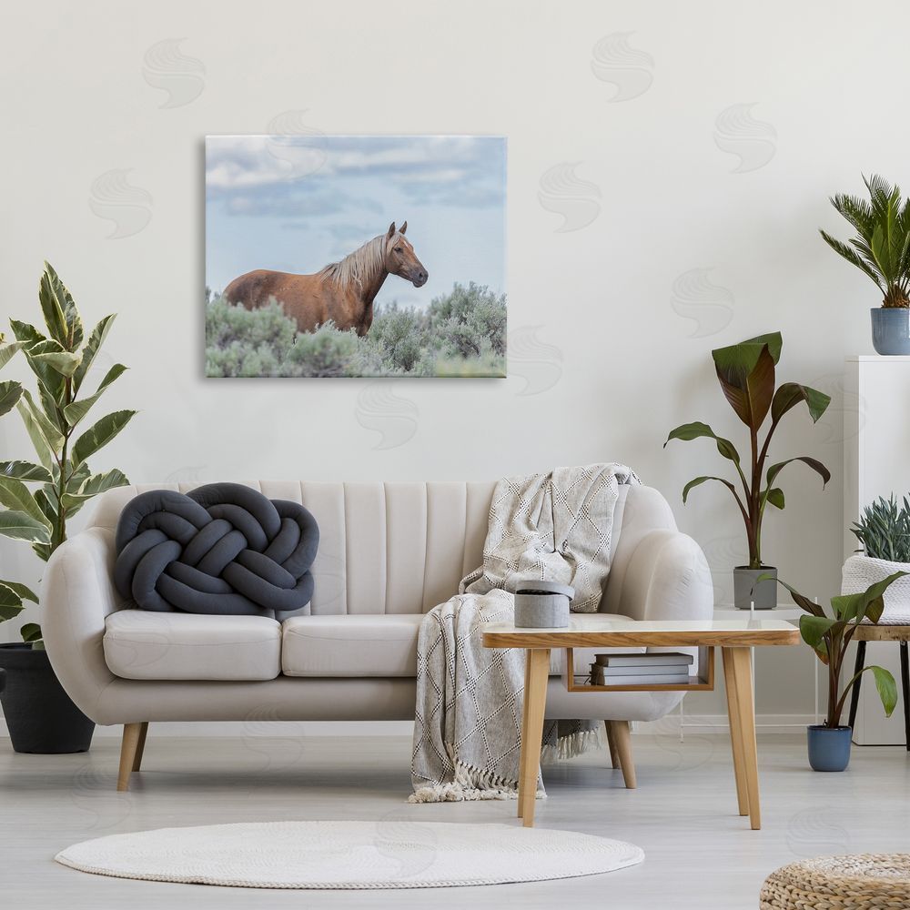 Larry McFerrin Stallion Horse Among Bushes Clear Blue Sky Canvas Wall Art Print in Room
