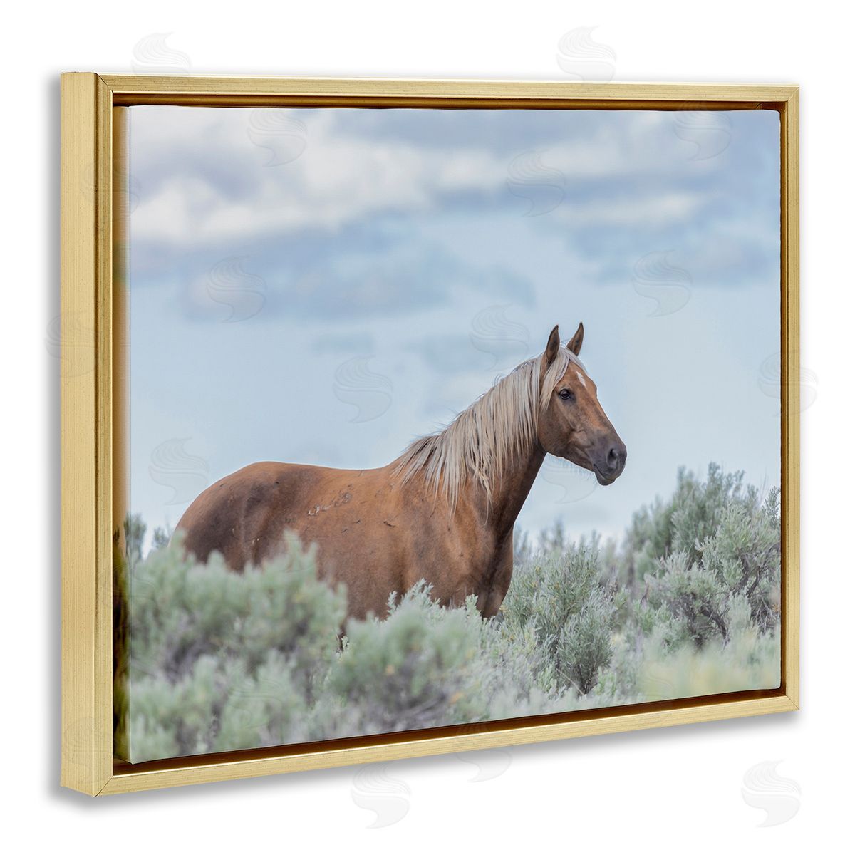 Larry McFerrin Stallion Horse Among Bushes Clear Blue Sky Gold Floating Frame Canvas Wall Art Print