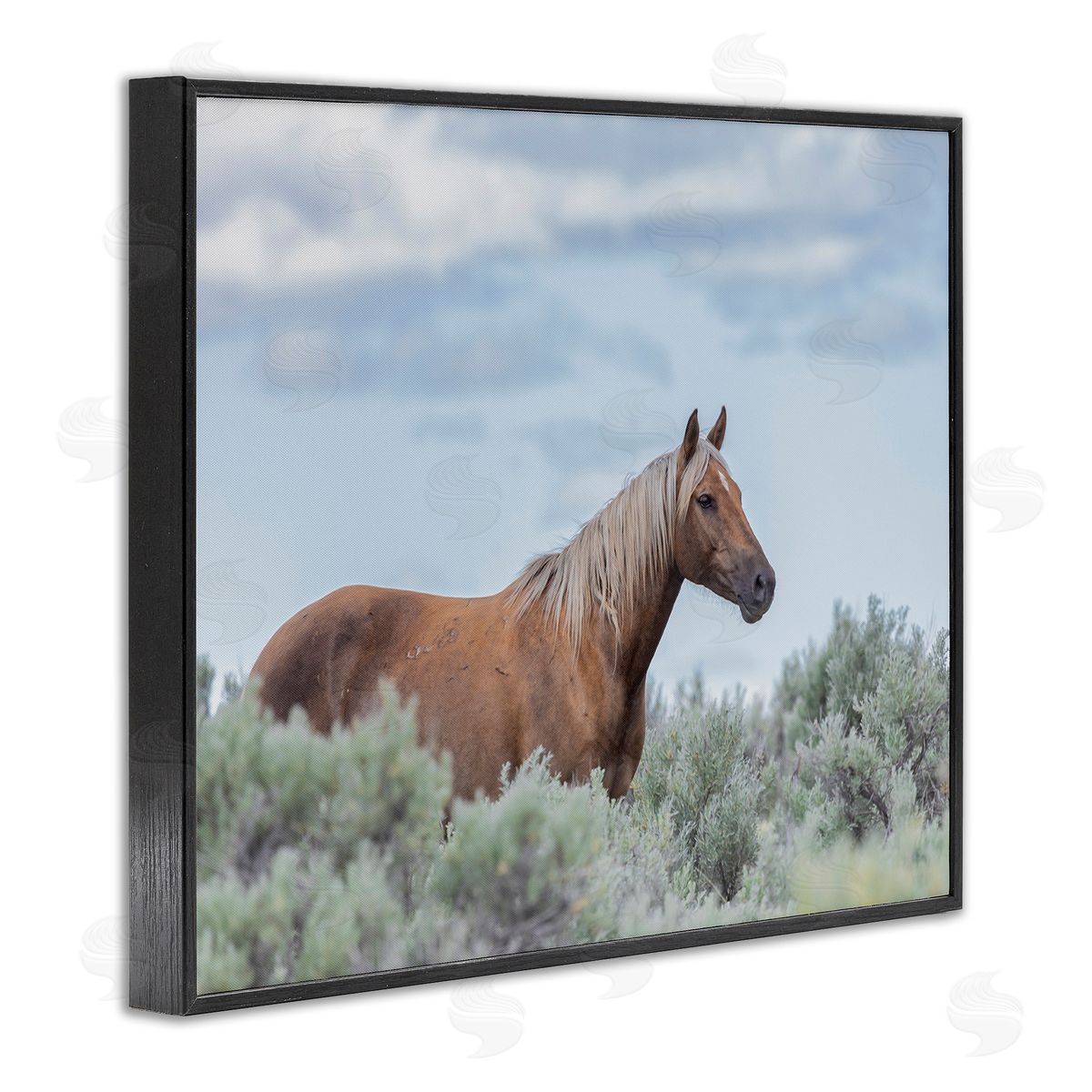 Larry McFerrin Stallion Horse Among Bushes Clear Blue Sky Black Framed Giclee Wall Art Print