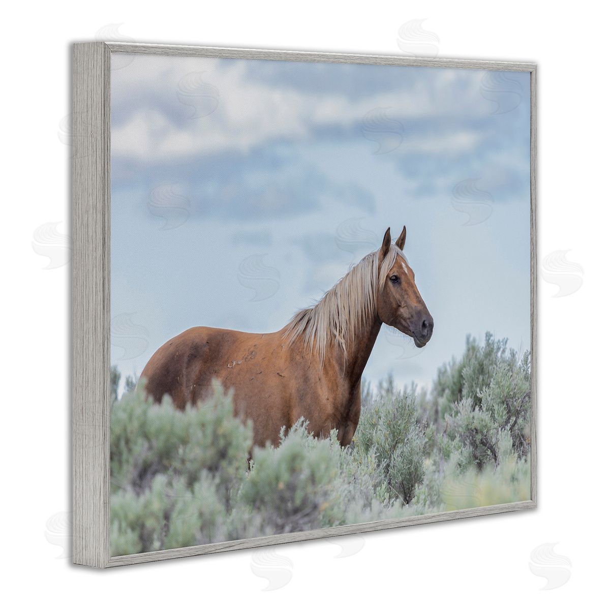 Larry McFerrin Stallion Horse Among Bushes Clear Blue Sky Gray Framed Giclee Wall Art Print