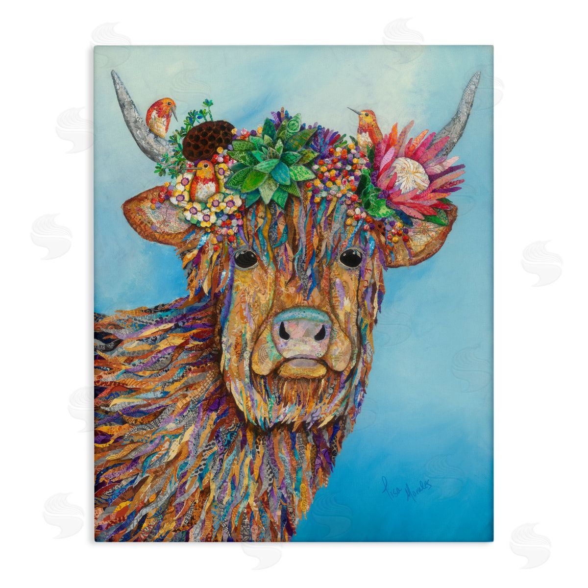 Lisa Morales Bella Cow Cattle Floral Blossom Crown d Painting Stretched Canvas Wall Art Print