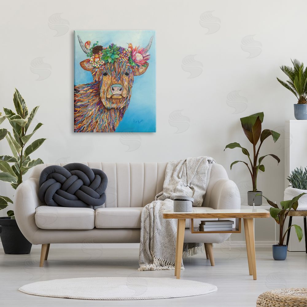 Lisa Morales Bella Cow Cattle Floral Blossom Crown d Painting Canvas Wall Art Print in Room