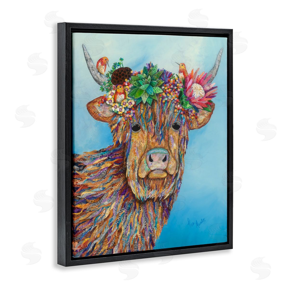Lisa Morales Bella Cow Cattle Floral Blossom Crown d Painting Black Floating Frame Canvas Wall Art Print