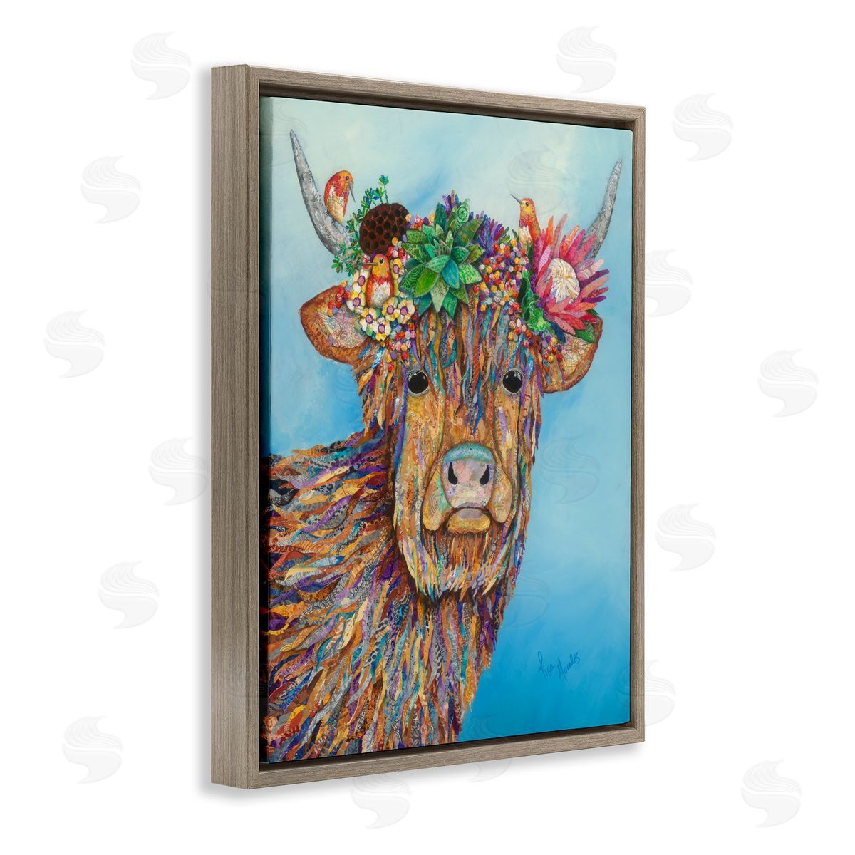 Lisa Morales Bella Cow Cattle Floral Blossom Crown d Painting Brown Floating Frame Canvas Wall Art Print