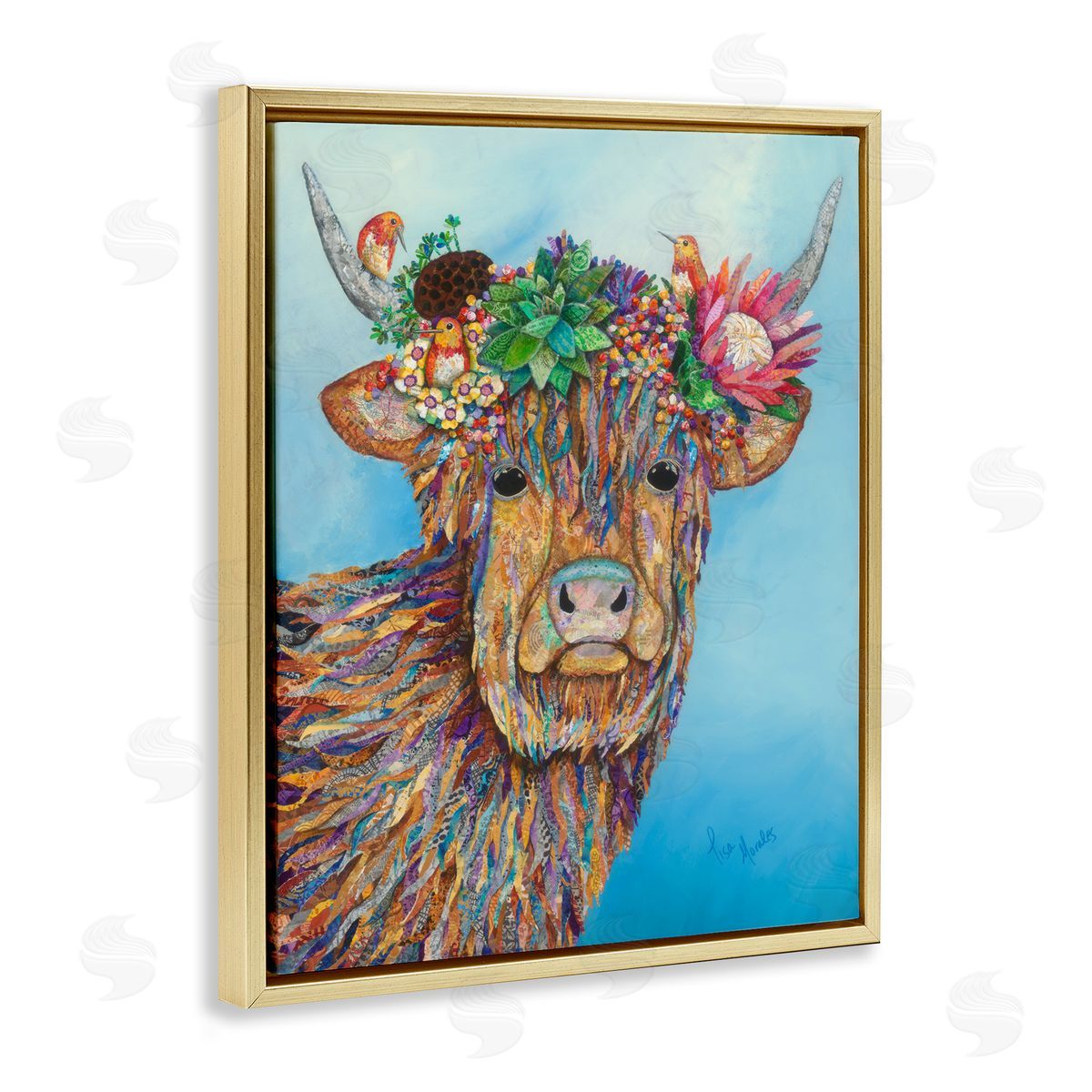 Lisa Morales Bella Cow Cattle Floral Blossom Crown d Painting Gold Floating Frame Canvas Wall Art Print