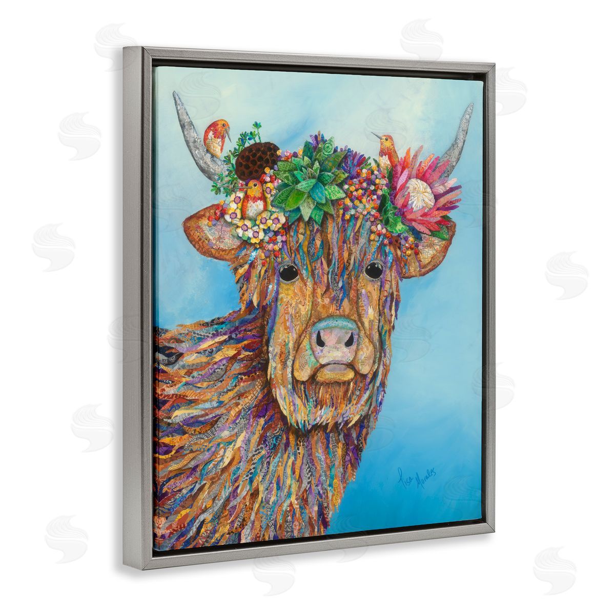 Lisa Morales Bella Cow Cattle Floral Blossom Crown d Painting Gray Floating Frame Canvas Wall Art Print