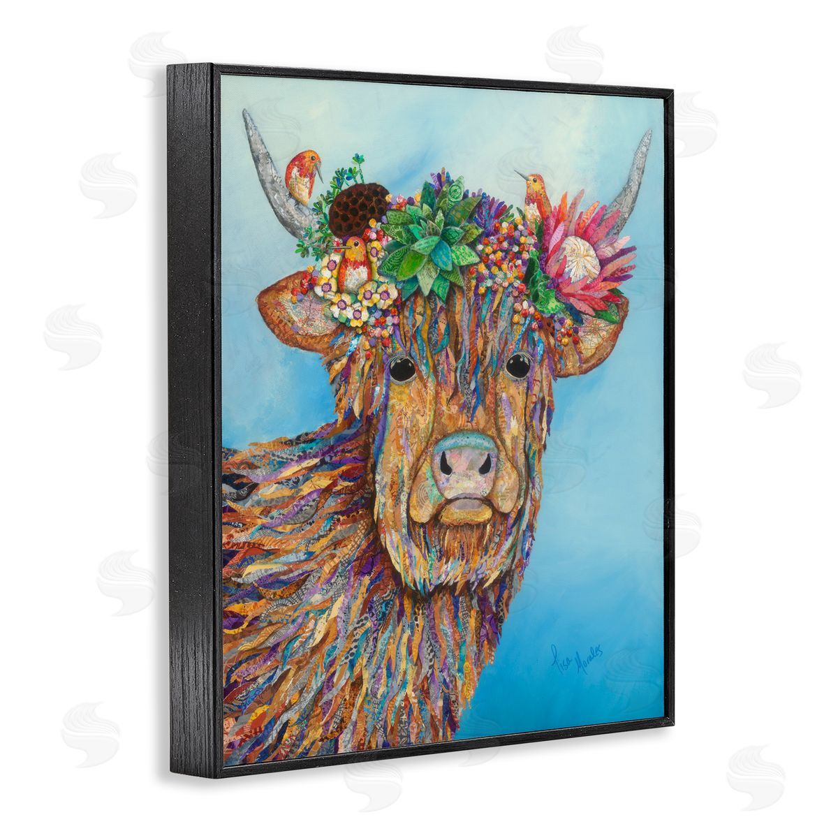 Lisa Morales Bella Cow Cattle Floral Blossom Crown d Painting Black Framed Giclee Wall Art Print