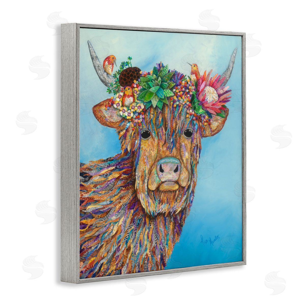 Lisa Morales Bella Cow Cattle Floral Blossom Crown d Painting Gray Framed Giclee Wall Art Print