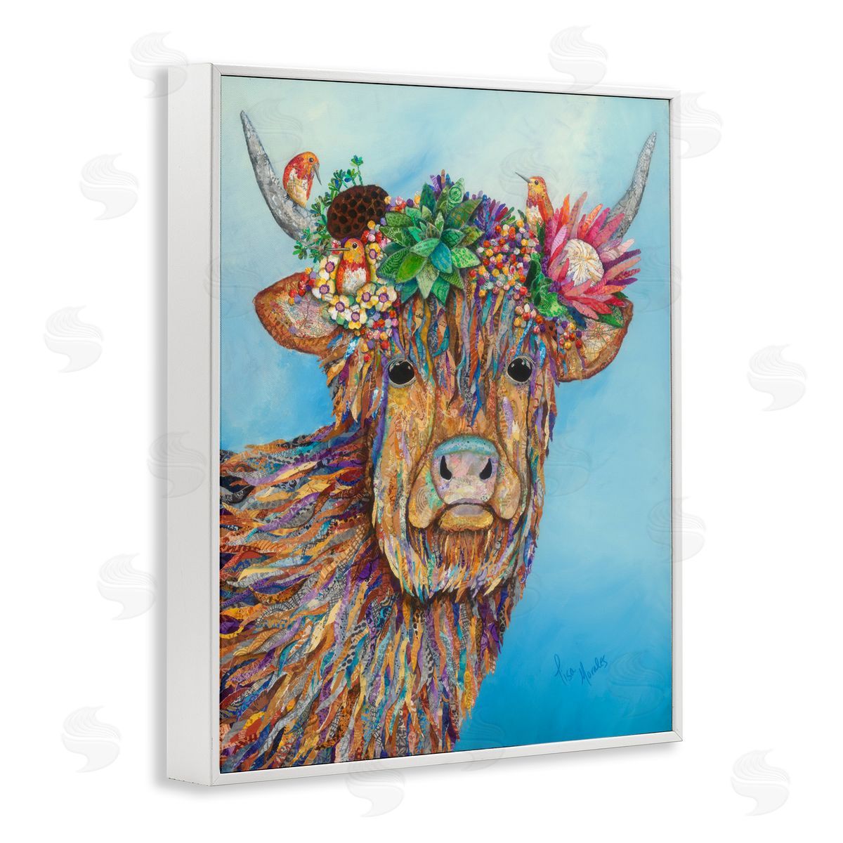 Lisa Morales Bella Cow Cattle Floral Blossom Crown d Painting White Framed Giclee Wall Art Print